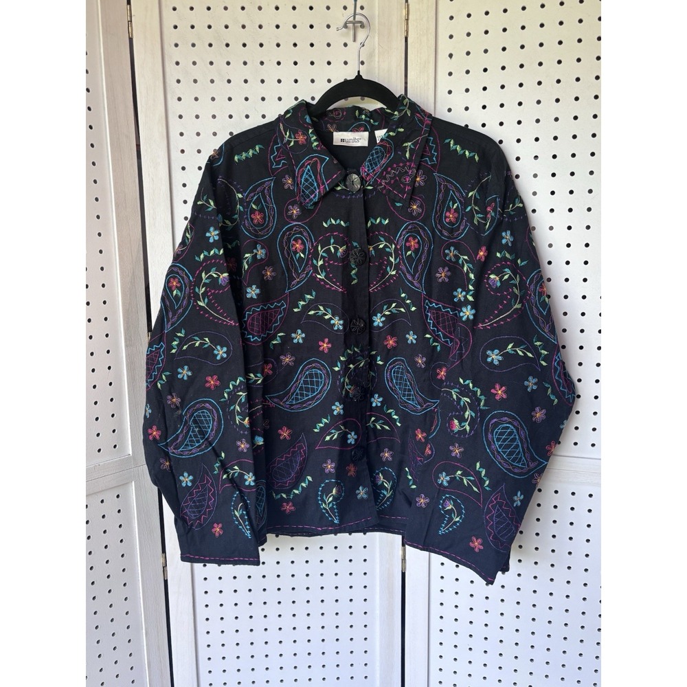 Units Jacket Paisley Floral Embroidery Boho Linen Blend Womens XL Black Colorful